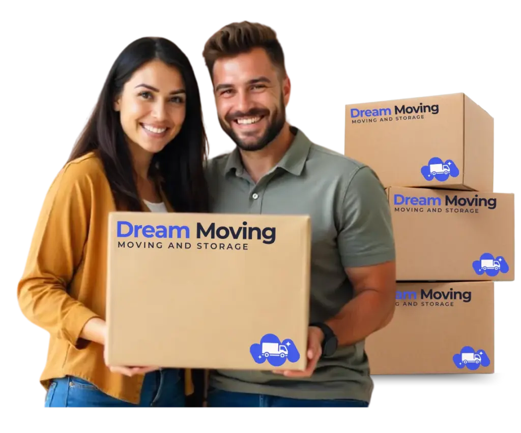 Two individuals carry a labeled cardboard box reading “Dream Moving MOVING AND STORAGE,” while three similar branded boxes are stacked nearby. Each box features a cloud logo containing a moving truck. The scene appears to promote a professional moving and storage service, with emphasis on branding and uniform packaging.