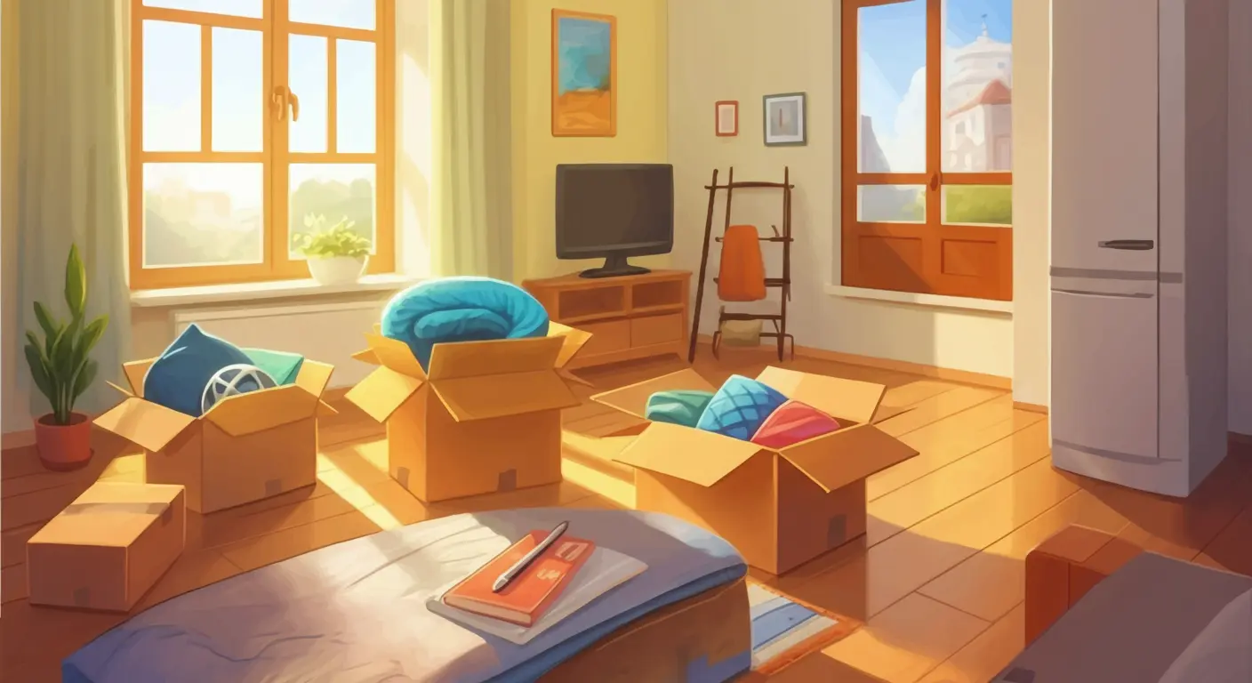 A brightly lit bedroom with sunlight streaming through large windows features open cardboard boxes filled with household items like pillows, blankets, and cushions. A bed in the foreground has a notebook and pen on top. A television sits on a wooden stand, and a chair is positioned near a small desk or easel. Framed pictures and a painting decorate the walls, while a potted plant rests on the windowsill. The wooden floor and scattered boxes suggest the space is in transition, possibly during a move-in or move-out process.