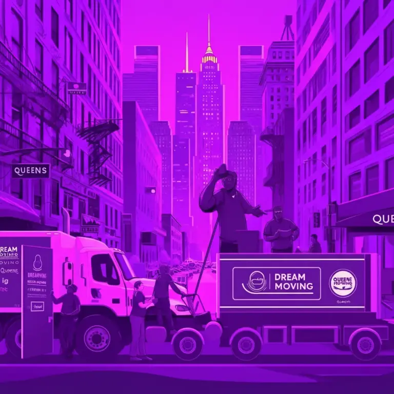 A stylized cityscape bathed in purple light features high-rise buildings in the background and a moving truck labeled “DREAM MOVING” and “QUEENS MOVING” parked on a busy street. Several individuals interact around the truck—one person stands on the vehicle while another hands over an item to someone nearby. Clear signage indicates the location is Queens, New York, merging urban energy with professional moving services.