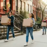 Three people carry cardboard boxes while walking along a city sidewalk in front of classic brownstone buildings with staircases. All three individuals are dressed casually and appear to be engaged in a moving activity. The weather is sunny and the street is lined with trees, evoking a sense of urban life and residential transition.