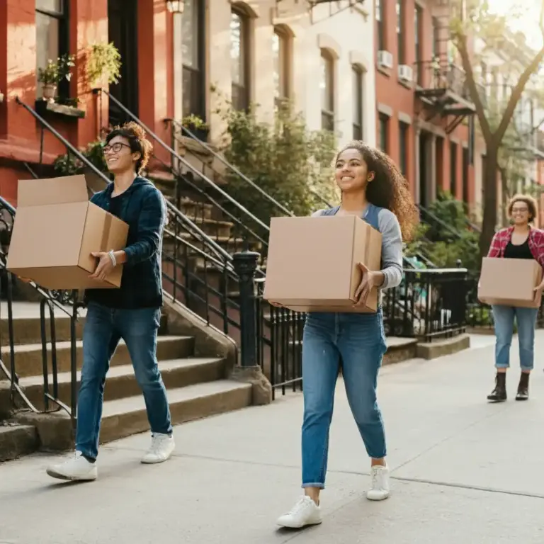 Three people carry cardboard boxes while walking along a city sidewalk in front of classic brownstone buildings with staircases. All three individuals are dressed casually and appear to be engaged in a moving activity. The weather is sunny and the street is lined with trees, evoking a sense of urban life and residential transition.