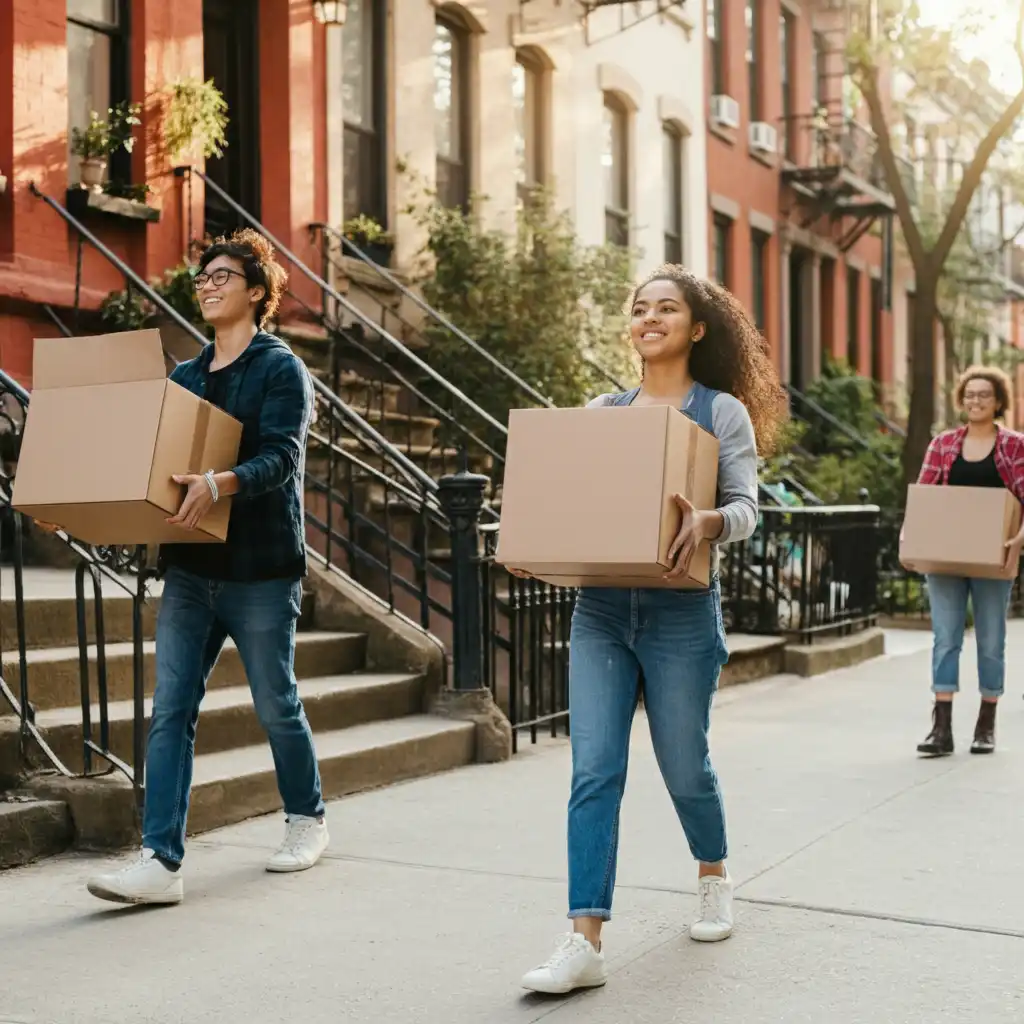 Three people carry cardboard boxes while walking along a city sidewalk in front of classic brownstone buildings with staircases. All three individuals are dressed casually and appear to be engaged in a moving activity. The weather is sunny and the street is lined with trees, evoking a sense of urban life and residential transition.
