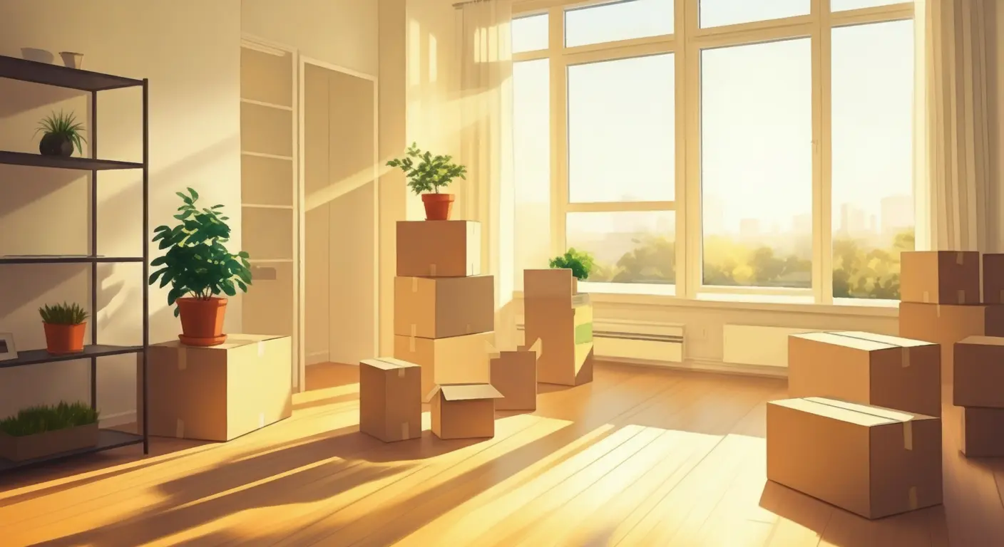 Modern sunlit room with wooden floors, cardboard boxes, potted plants, and large windows.