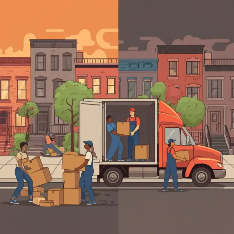 A split-scene illustration shows movers unloading boxes from a truck into a building during both day and night. On the left, the sky is orange with daylight, while on the right, it’s dark with nighttime clouds. Four people are actively transferring boxes—two inside the truck and two outside. A fifth person sits on the building steps in the daytime portion. Urban residential buildings and trees line the sidewalk in both halves, emphasizing the ongoing nature of the move across time.