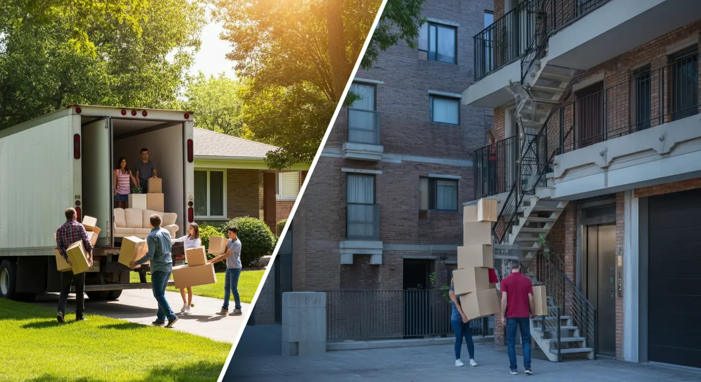 Split image showing two moving scenarios—group unloads boxes from a truck at a suburban house, while others carry boxes up stairs to a brick urban apartment.