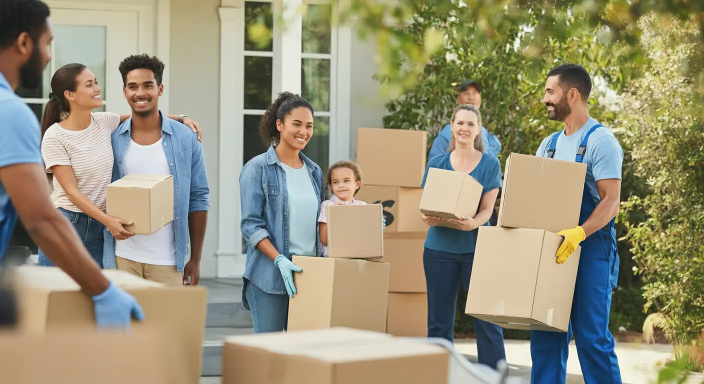 Group of adults and a child moving boxes outside a suburban home—some wear uniforms and gloves, suggesting professional movers or volunteers, all smiling and working together.
