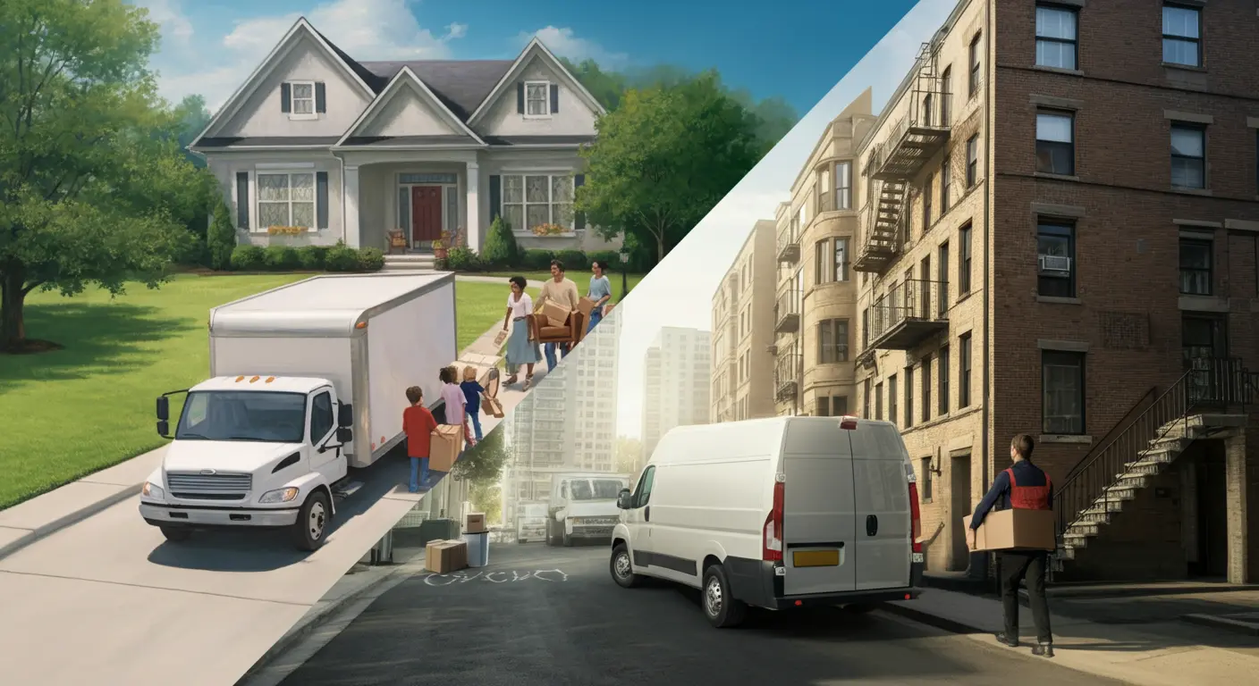 Split illustration of suburban and urban moving scenes, family unloads boxes at a large house, while a mover carries a box into a city apartment building.