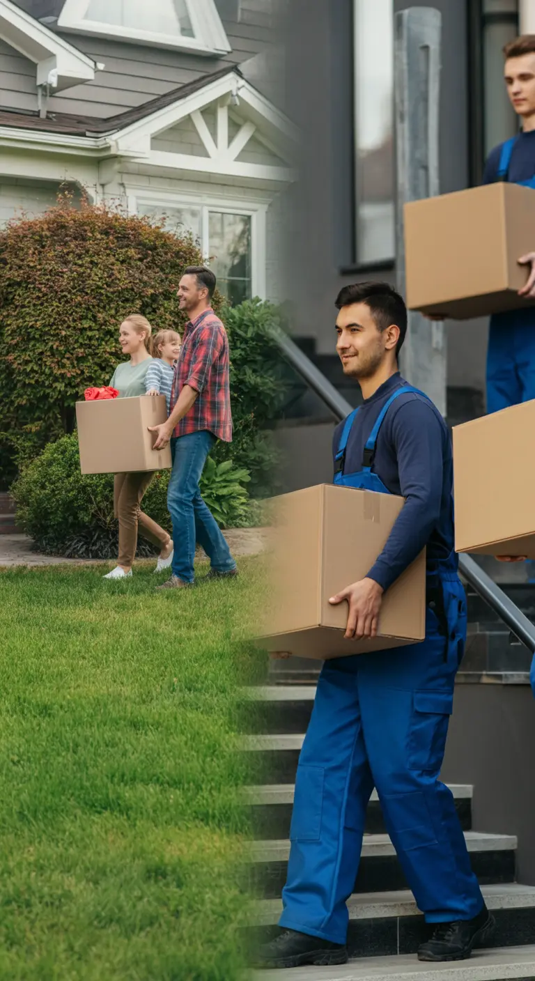Two moving scenes—on the left, a couple carries boxes across a suburban lawn toward their new home; on the right, uniformed movers descend stairs with boxes outside a brick building.