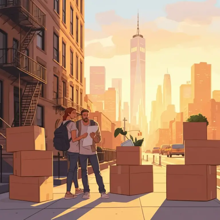 Two individuals stand on a city sidewalk surrounded by cardboard boxes during sunset. One person holds a piece of paper while the other looks at it. The background features tall buildings, including a prominent skyscraper with a spire, likely One World Trade Center. Household items and plants are visible among the boxes, suggesting a moving or unpacking scene in an urban setting.