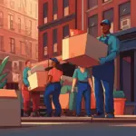 A group of people carry cardboard boxes and furniture items along a city street lined with buildings featuring multiple windows and fire escapes. One person holds a potted plant, while others transport various household items. The individuals wear casual and work attire, suggesting a collaborative moving effort in an urban residential setting.