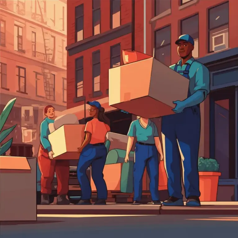 A group of people carry cardboard boxes and furniture items along a city street lined with buildings featuring multiple windows and fire escapes. One person holds a potted plant, while others transport various household items. The individuals wear casual and work attire, suggesting a collaborative moving effort in an urban residential setting.