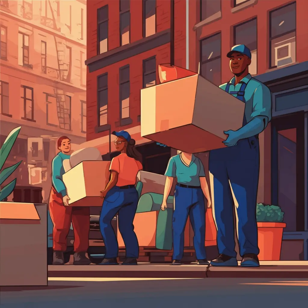 A group of people carry cardboard boxes and furniture items along a city street lined with buildings featuring multiple windows and fire escapes. One person holds a potted plant, while others transport various household items. The individuals wear casual and work attire, suggesting a collaborative moving effort in an urban residential setting.