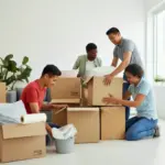 Five people are in a well-lit room surrounded by cardboard boxes, actively packing or unpacking. One person holds a roll of packing paper, another handles bubble wrap, while others organize items into boxes. A green plant sits near a bright window, suggesting a collaborative moving or setup process in a new space.