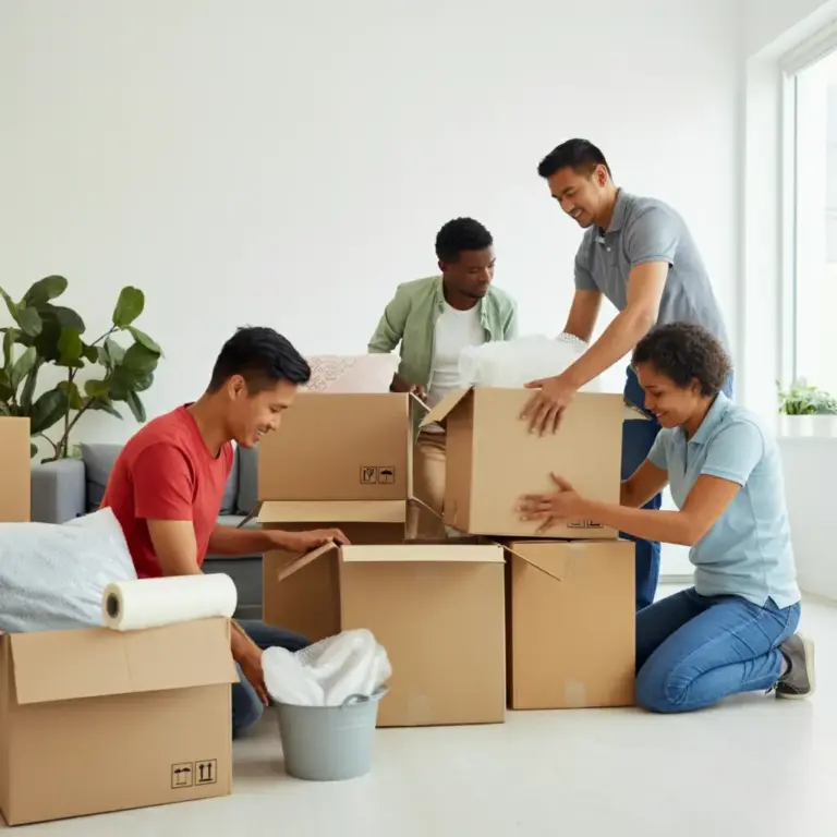 Five people are in a well-lit room surrounded by cardboard boxes, actively packing or unpacking. One person holds a roll of packing paper, another handles bubble wrap, while others organize items into boxes. A green plant sits near a bright window, suggesting a collaborative moving or setup process in a new space.