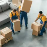 Three individuals wearing yellow shirts and blue overalls carry cardboard boxes in a room with a grey couch and stacked boxes on a wooden pallet. The concrete floor and industrial setting suggest a moving or delivery scenario involving teamwork and manual labor.