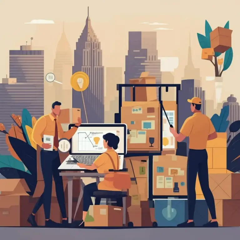Three individuals collaborate in an outdoor workspace surrounded by cardboard boxes and digital tools, with a city skyline in the background. One person sits at a desk working on a laptop displaying charts and lightbulb icons, while another holds documents and gestures toward a floating idea symbol. The third person arranges boxes on a shelving unit. The scene blends moving logistics with creative planning in an urban environment.