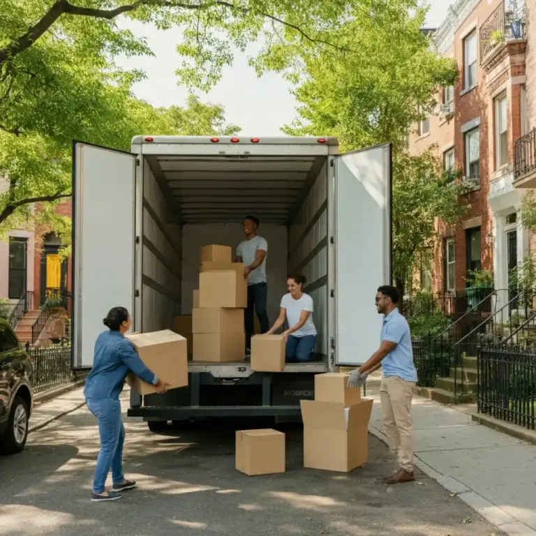 Four individuals are unloading cardboard boxes from the rear of a large moving truck parked along a residential street. One person stands inside the truck passing boxes down, while another receives them from the ground. Two others are placing or carrying boxes nearby. Trees and brick buildings line the background, indicating a neighborhood setting and an active relocation or delivery process.