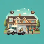 A moving truck is parked in front of a large suburban house with manicured landscaping. Three individuals are actively unloading cardboard boxes—one person inside the truck, and two others on the driveway. Icons above the house depict a computer and a suitcase, suggesting a residential move involving both personal and professional belongings. The background features a clear sky and trees, creating a calm and organized relocation scene.