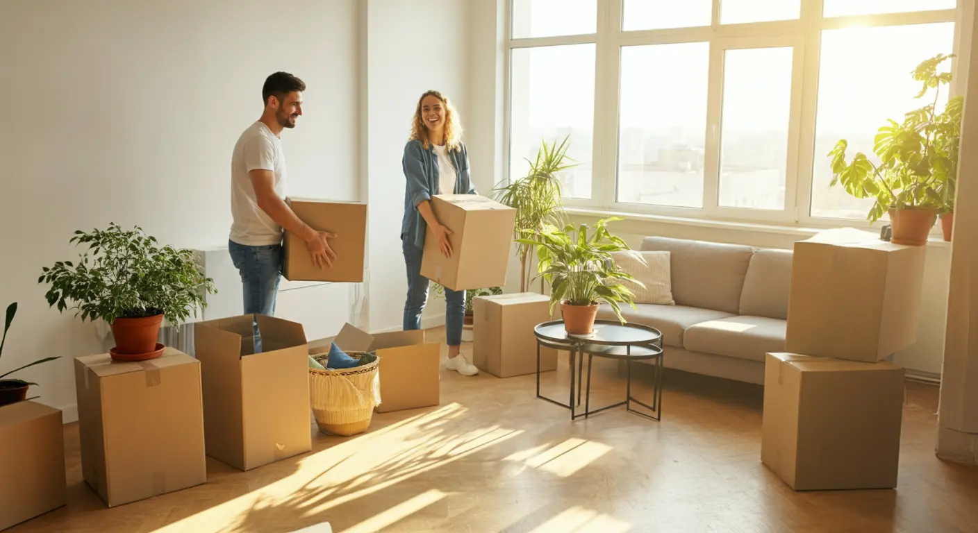 Happy couple unpacking boxes in a sunlit living room with potted plants, wooden floors, and large windows.