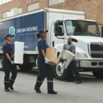 Three professional movers wearing uniforms and gloves carry items in front of a moving truck labeled “DREAM MOVING” with the tagline “COMMERCIAL MOVES NYC.” One person holds a large white object, another carries a cardboard box, and the third transports a piece of furniture. The scene takes place on a city street with a brick building in the background, illustrating an active commercial moving process.