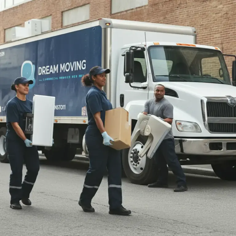 Three professional movers wearing uniforms and gloves carry items in front of a moving truck labeled “DREAM MOVING” with the tagline “COMMERCIAL MOVES NYC.” One person holds a large white object, another carries a cardboard box, and the third transports a piece of furniture. The scene takes place on a city street with a brick building in the background, illustrating an active commercial moving process.