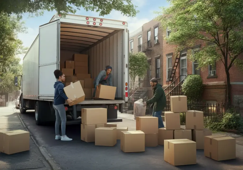 Local moving services in Astoria by Dream Moving. Three people unloading cardboard boxes from a moving truck onto a city street.