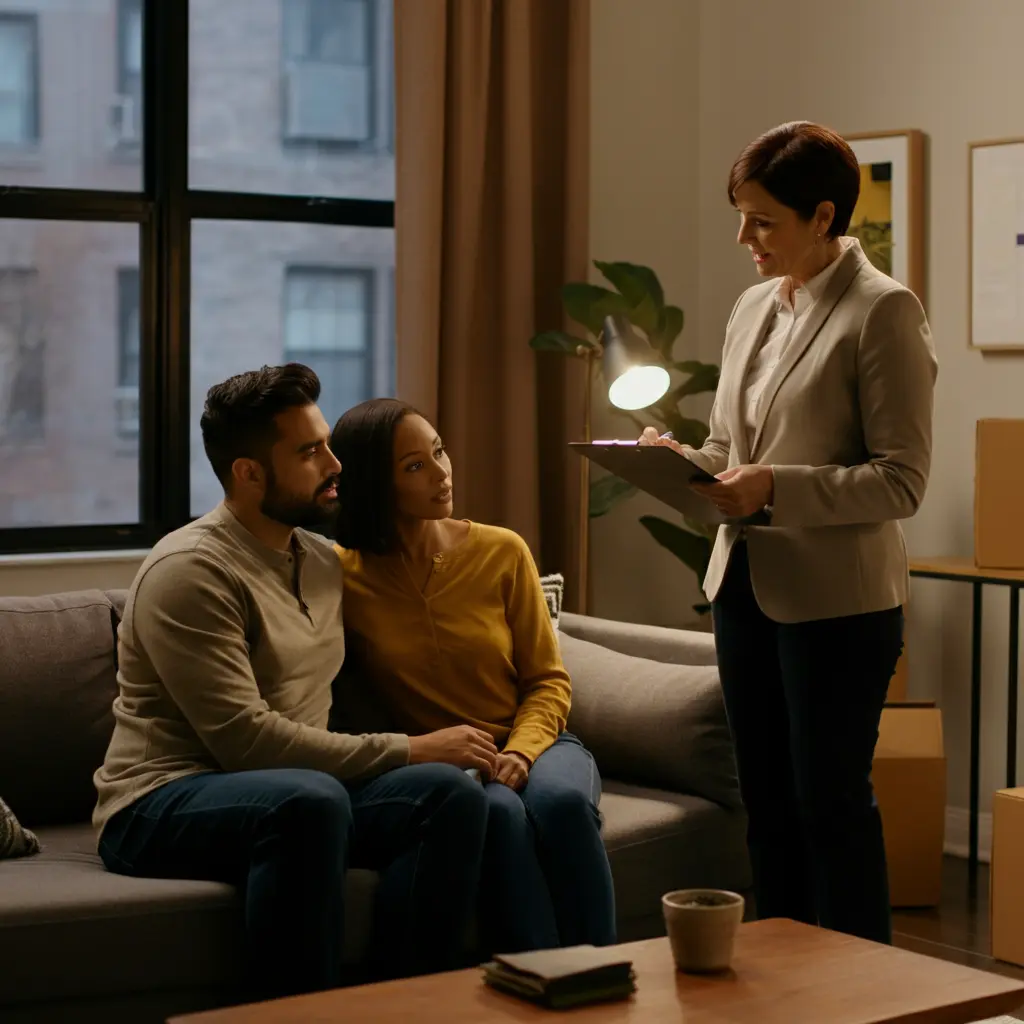 A couple reviews a moving quote from an Astoria movers representative inside their apartment.