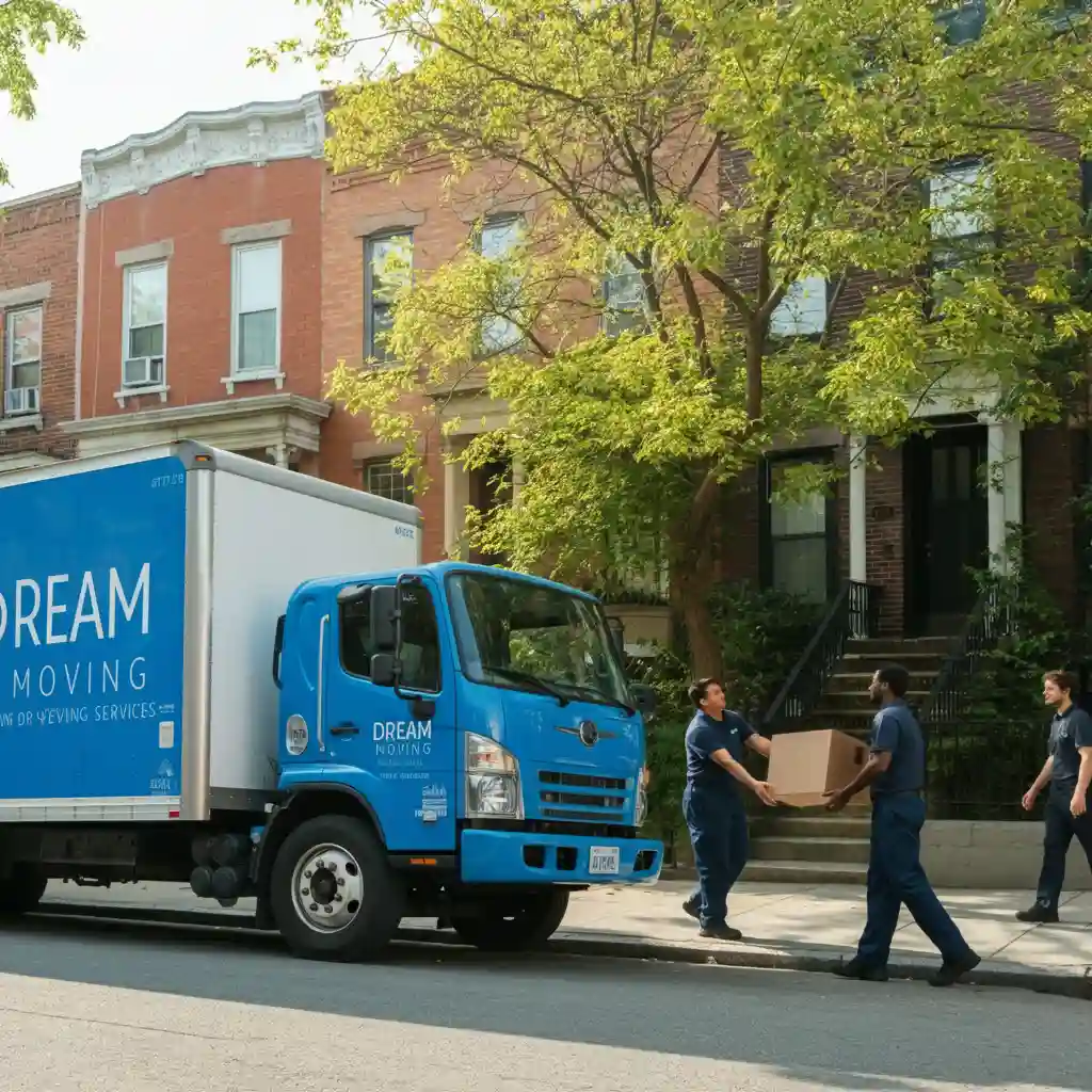 A Dream Moving truck parked on a residential street in Astoria, with movers carefully loading boxes.