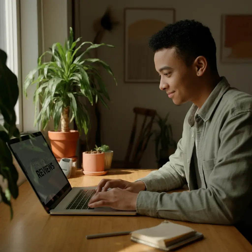 A young man reading online reviews for moving companies in Astoria on laptop computer