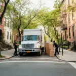 A Dream Moving truck parked on a street in Astoria, with professional movers carefully loading boxes and furniture