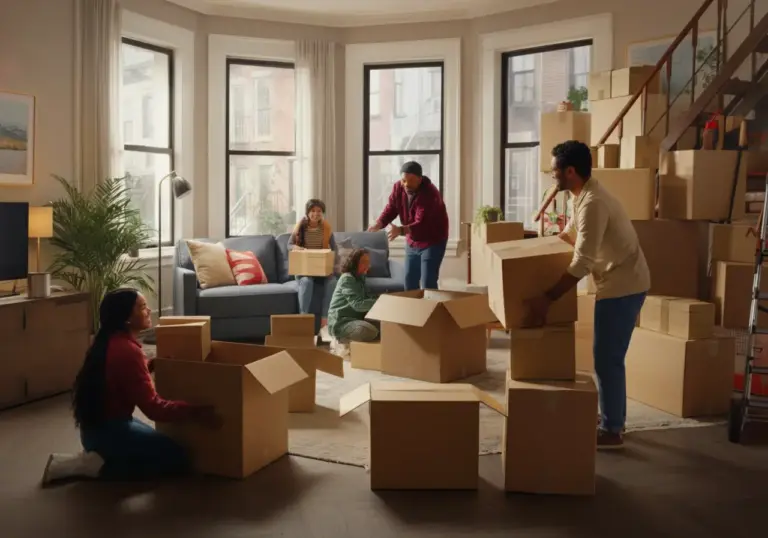 Apartment and Condo moving in Astoria and Queens by Dream Moving LLC. A group of five people unpacking moving boxes in a cozy living room filled with cardboard boxes.