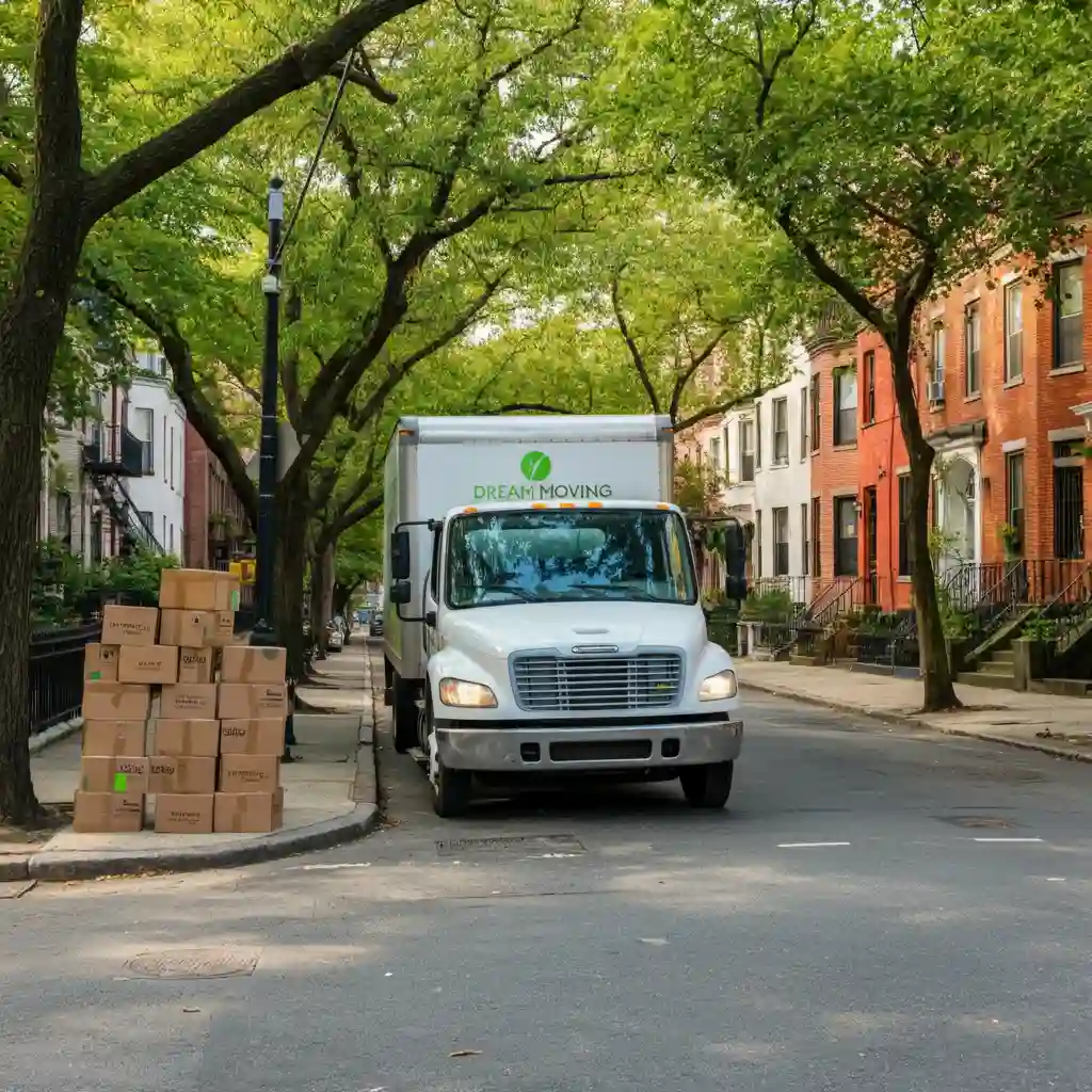 A Dream Moving truck parked on a tree-lined street in Astoria, with moving boxes neatly stacked, representing eco-friendly moving services.