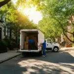 A Dream Moving truck parked on a street in Astoria, with professional movers carefully loading boxes.