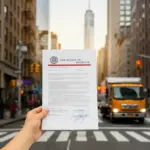 A Certificate of Insurance document held in front of a blurred background of a moving truck in NYC, representing COI for moving.