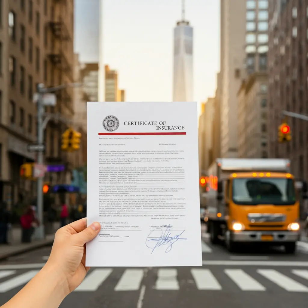 A Certificate of Insurance document held in front of a blurred background of a moving truck in NYC, representing COI for moving.