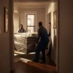 Dream Moving professionals carefully maneuvering a large, wrapped sofa through a narrow hallway in an Astoria apartment.
