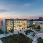 Exterior view of the new East End Studios Sunnyside production facility, a modern building in Queens, ready for film production.