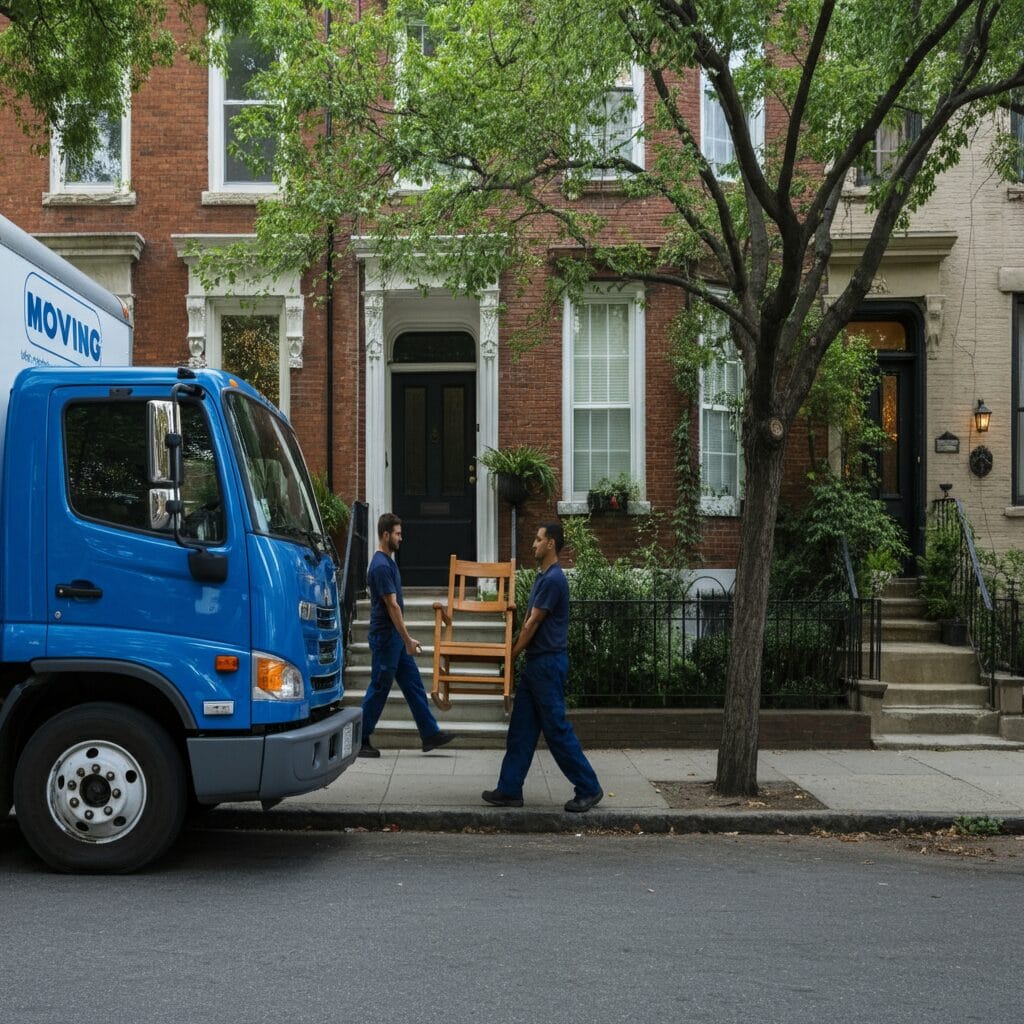 A Dream Moving truck parked on a residential street in Astoria, with movers carefully carrying furniture into a new home.