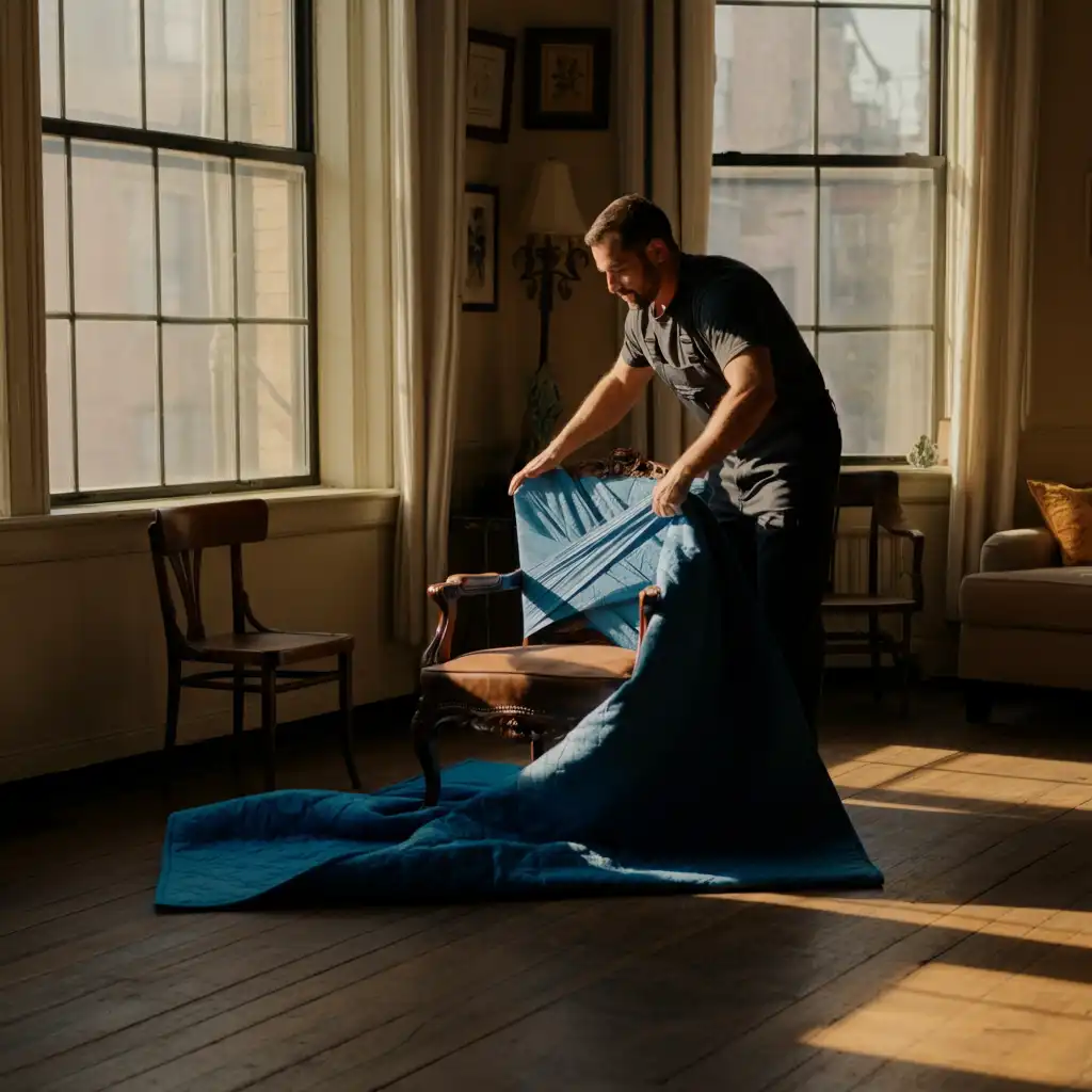 A Dream Moving professional mover carefully wrapping a piece of furniture in a blanket for an Astoria move.