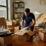 A professional mover from Dream Moving carefully packing fragile items into a box, showcasing residential moving services in Astoria.