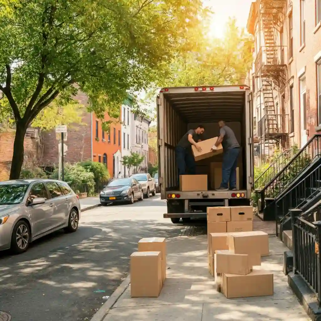 Dream Moving professional crew loading boxes into a moving truck on a street in Astoria, New York