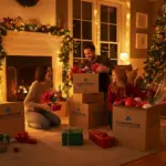 Family unpacking Christmas decorations and wrapped gifts from cardboard boxes labeled Dream Moving after using Astoria moving services.