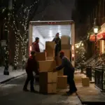 Two Dream Moving professionals packing boxes in an Astoria apartment to illustrate moving cost in NYC and tax relocation benefits.