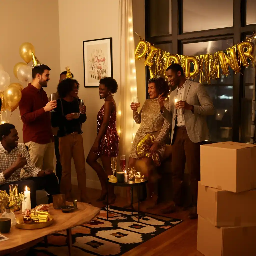 Friends celebrating New Year's Eve housewarming party in Astoria apartment with dream moving boxes and festive decorations