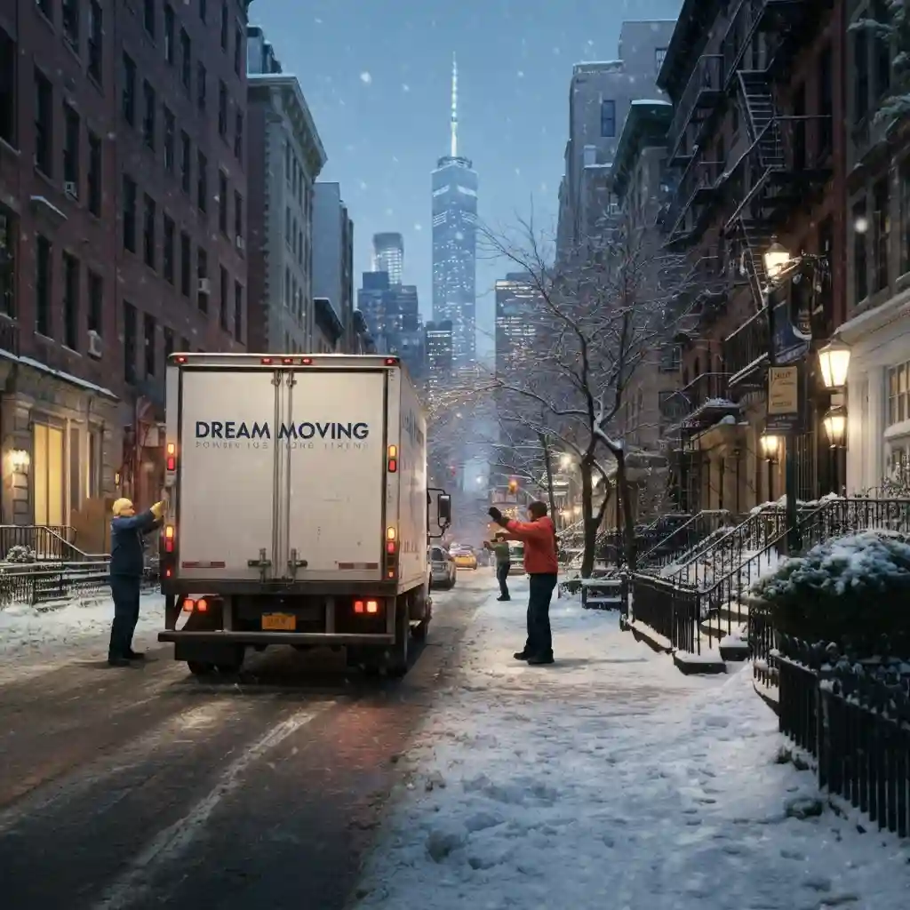 Dream Moving team loading a truck on a quiet NYC street during winter, representing the best time to move in winter.