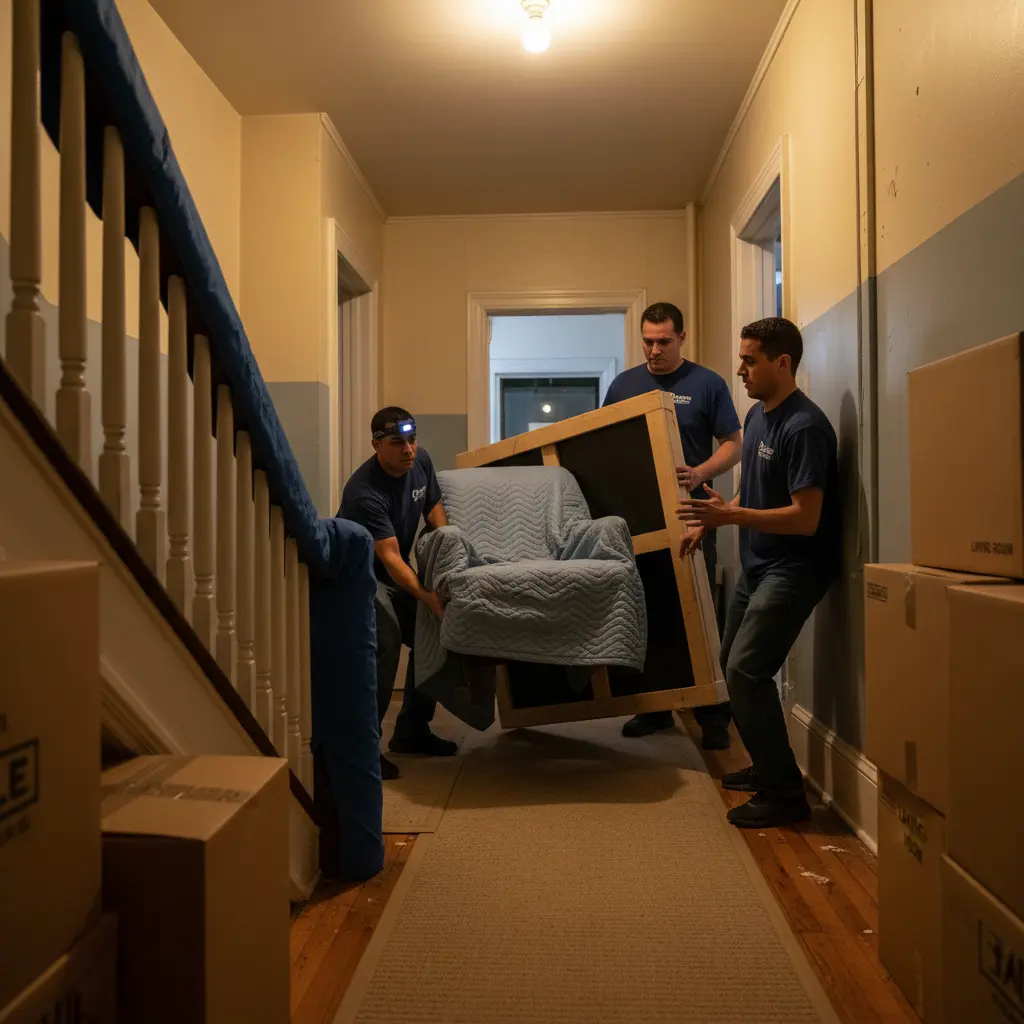 Dream Moving crew professionally navigating a narrow hallway in an NYC walk-up apartment with protected furniture