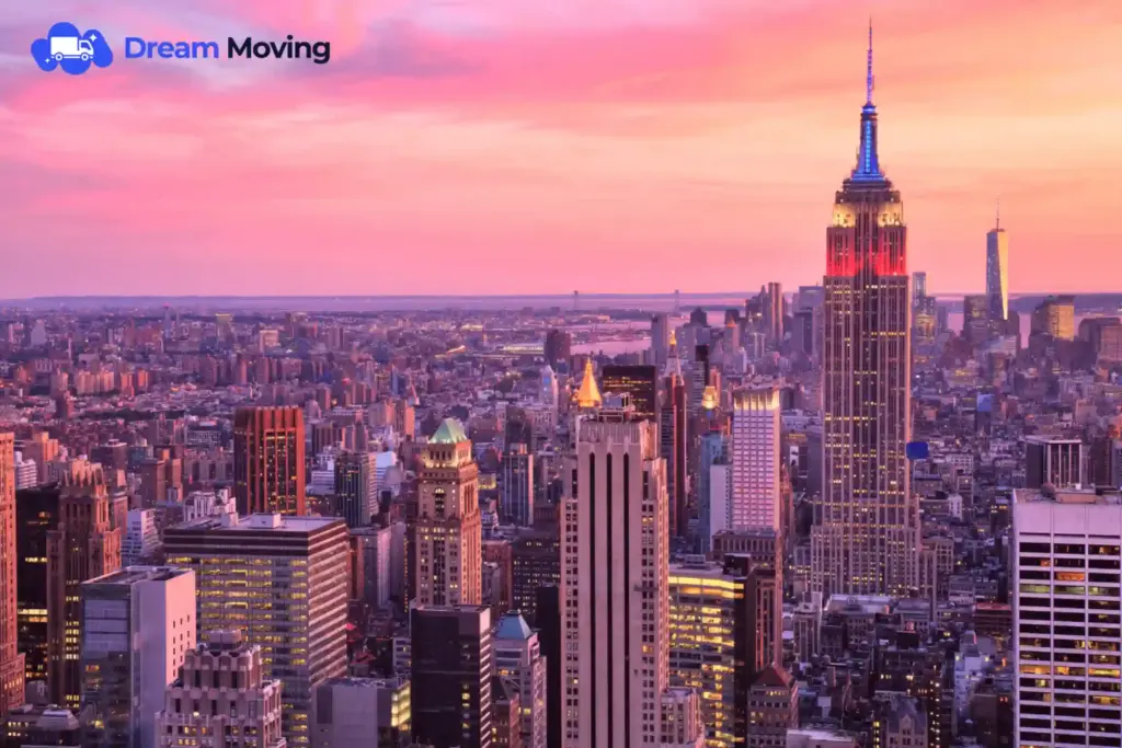 Dream Moving branded image of the New York City skyline at sunset with the Empire State Building centered above Manhattan.