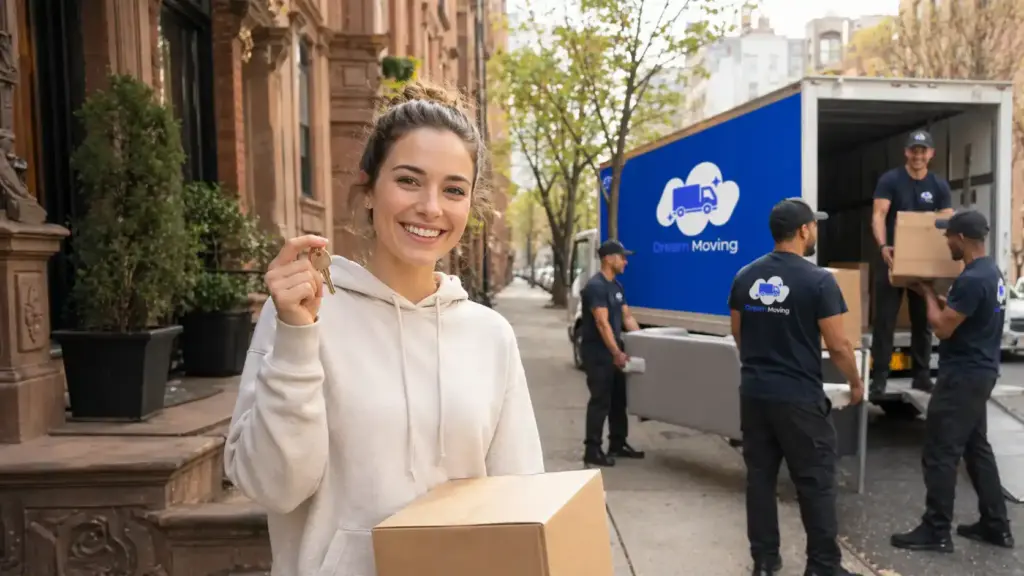 Young woman holding apartment keys and a moving box while Dream Moving movers unload furniture from a branded truck on a New York City brownstone street.