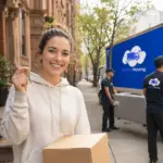 Young woman holding apartment keys and a moving box while Dream Moving movers unload furniture from a branded truck on a New York City brownstone street.