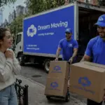 Young woman smiling outside a NYC apartment building as Dream Moving movers unload boxes from a branded truck during a last-minute move.